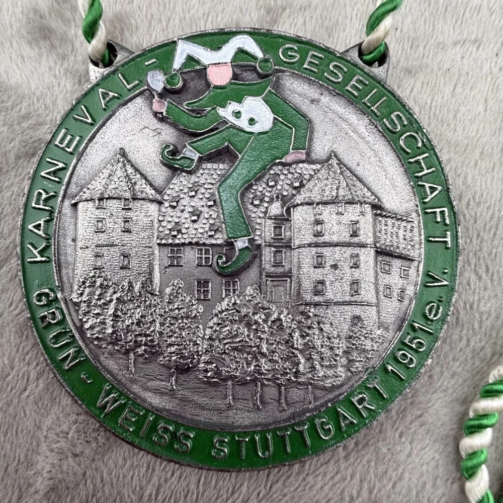 Vintage Estate Medal Silver German Carnival 1951 Karneval Jester Enamel 20in